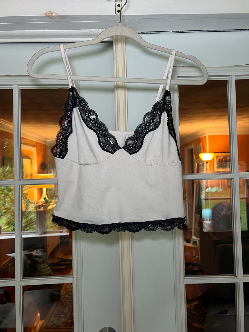 White Cami Tank Top with Black Lace Trim